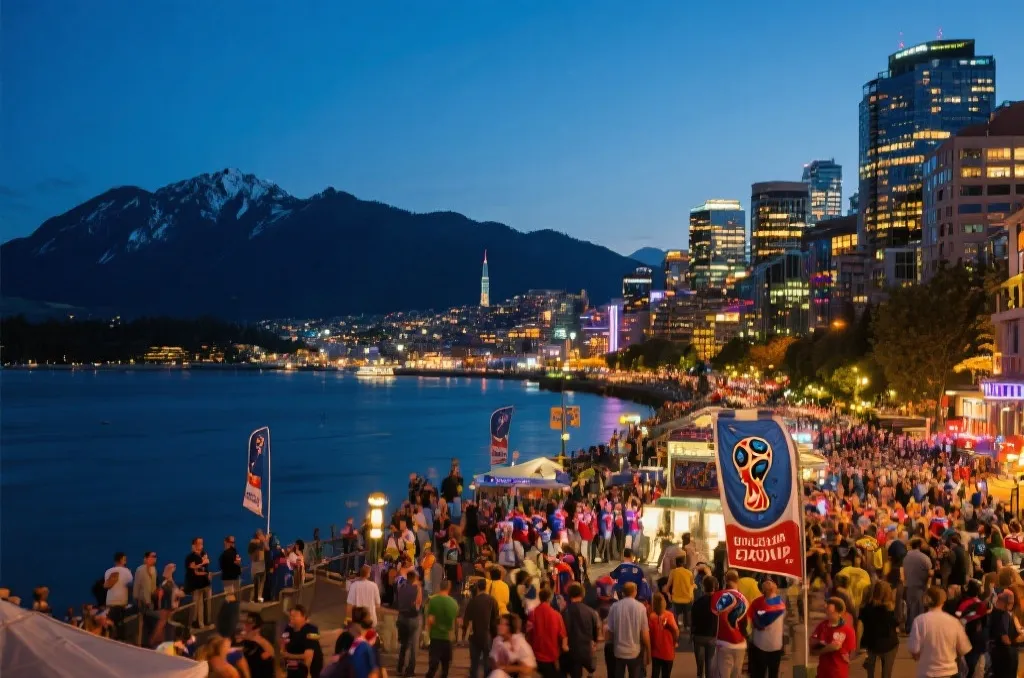 温哥华海湾、山景与球迷夜生活的城市全景